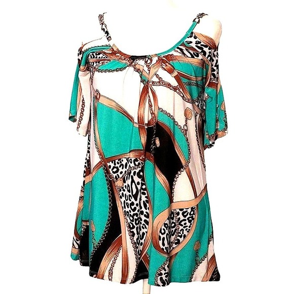 Don't Miss Out Basix of America Tops - Glam Don't Miss‎ Out Scarf Print Cold Shoulder Top Women M Teal Leopard Chain